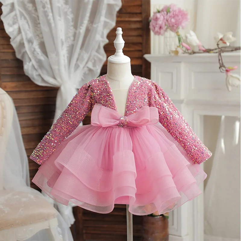 Girls sequin long sleeved princess dress 2024 new fashion bow puffy dress carnival birthday high-end performance clothing