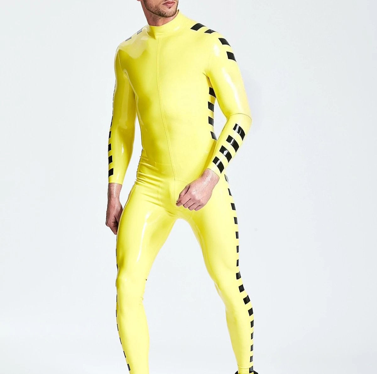 

customized rubber catsuit men's yellow latex body suit black stripe skin tight latex bodysuit design fashion latex clubwear