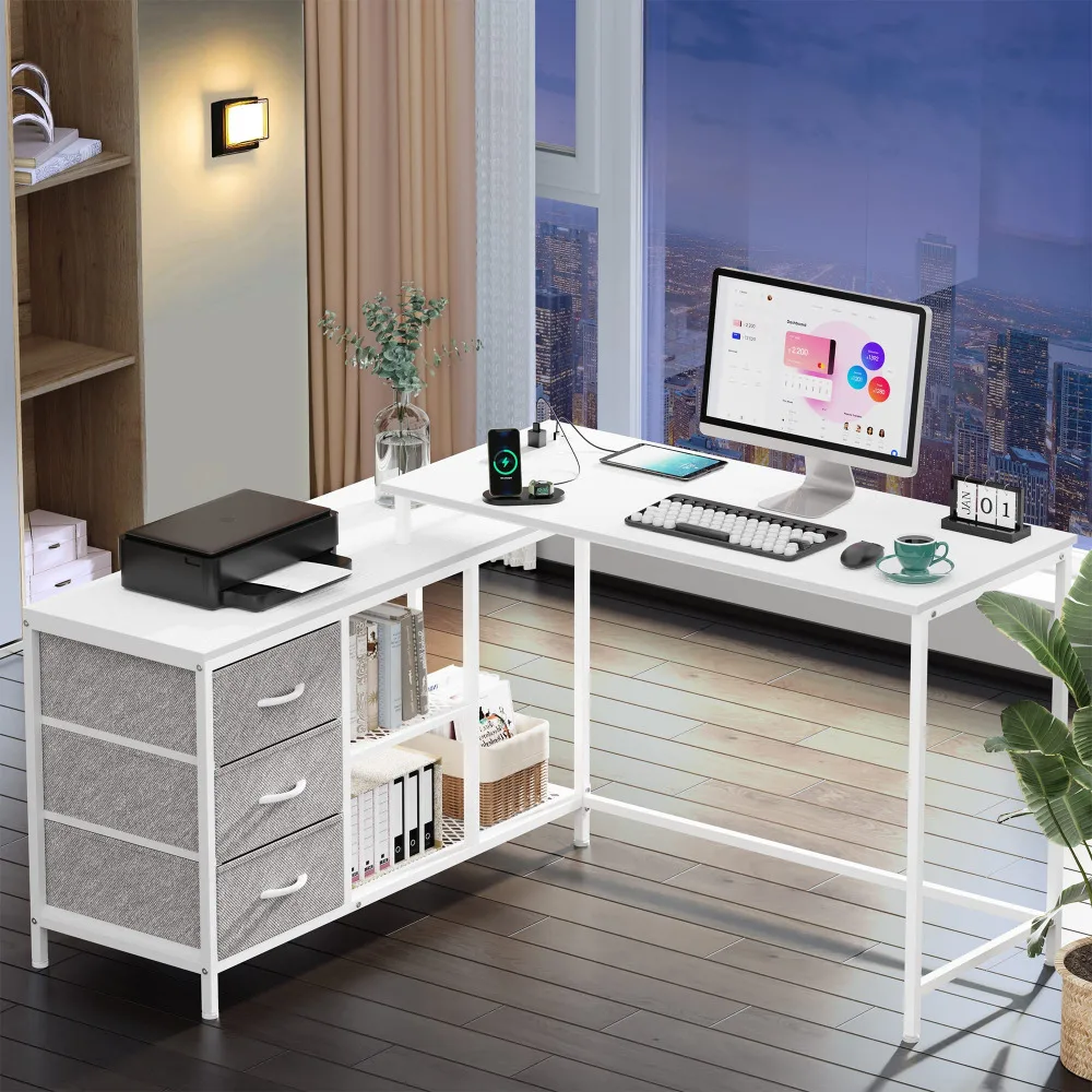 

Computer Desk L Shaped Desk with Power Outlets with Drawers & Shelves, Corner Gaming Desk Home Office Desk, White 54.6 Inch