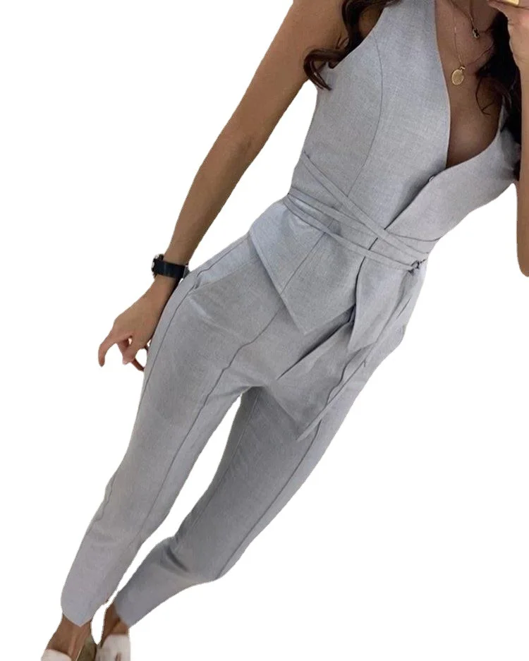 Two Piece Set For Women V-neck Slim Sleeveless Leace-up Tops Tight Long Pants Ladies Sets 2023 Spring Summer New Offce Commuting