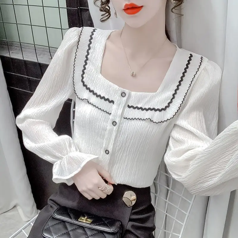 Spring Autumn New Square Collar Long Sleeve Shirt Women High Street Casual Loose Button Cardigan Elegant Edible Tree Fungus Tops