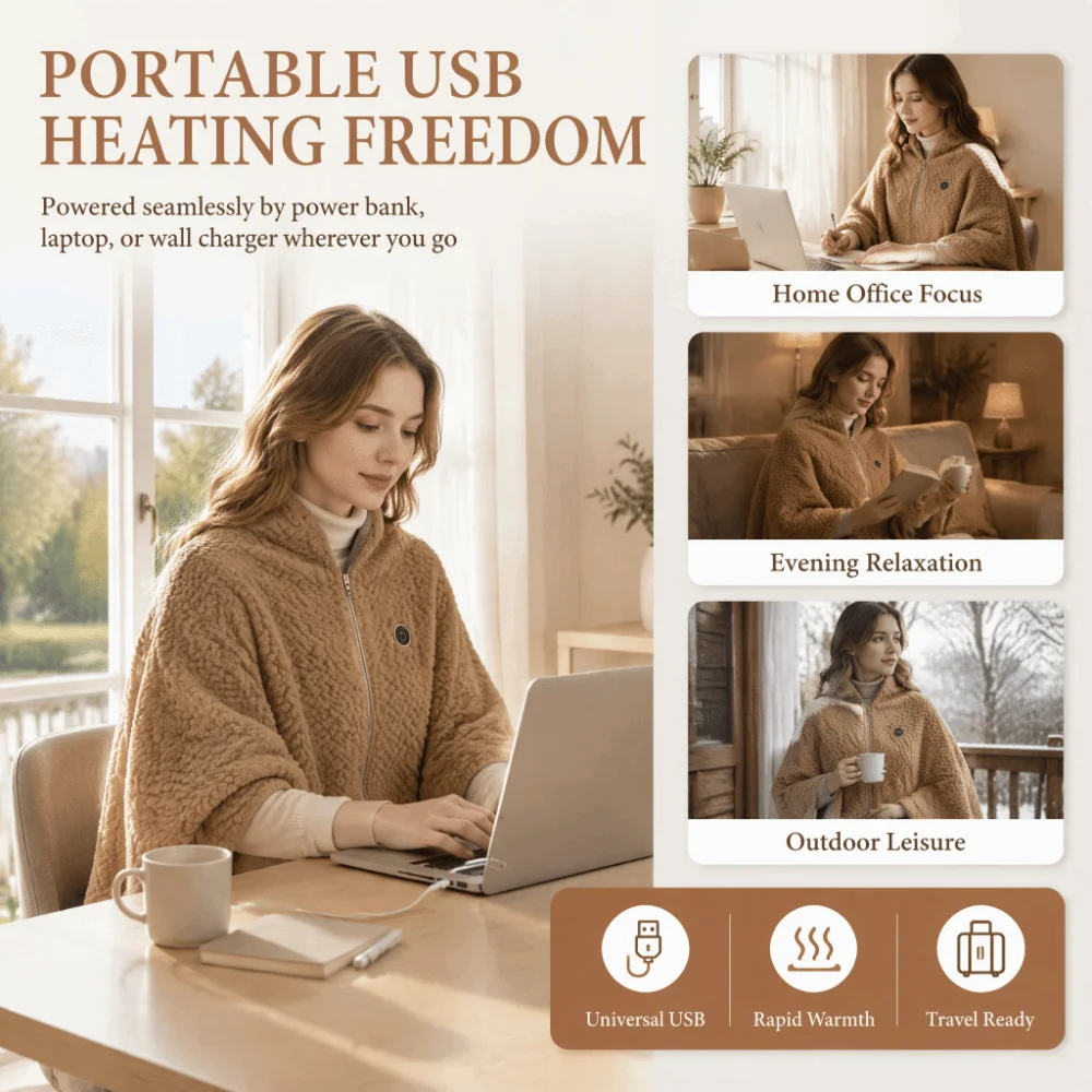 Lightweight Washable USB Heating Shawl Portable Soft Fabric Electric Shawl 3 Heated Level USB Powered Heating Blanket Travel
