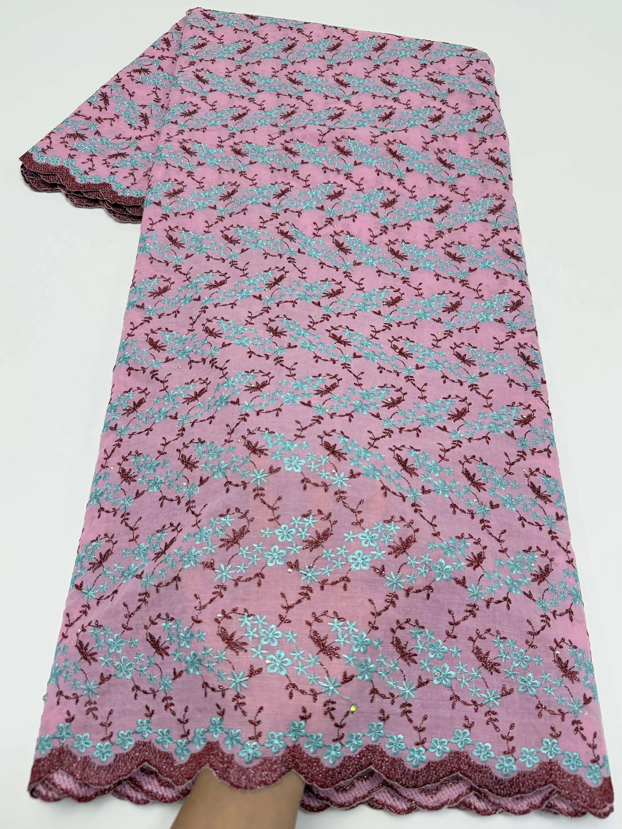 African Swiss Voile Lace Fabric - Embroidered Floral With Stones Accents, Lightweight Scalloped Edge For Wedding Gowns ​
