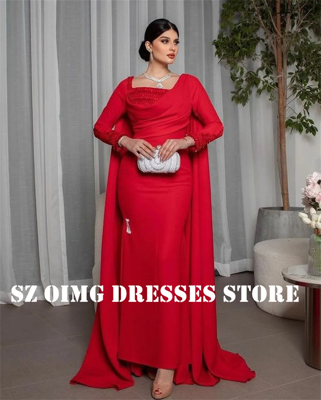 

OIMG New Design Long Sleeves Square Collar Prom Dresses Saudi Arabic Women Red Satin Crystals Evening Gowns Formal Party Dress