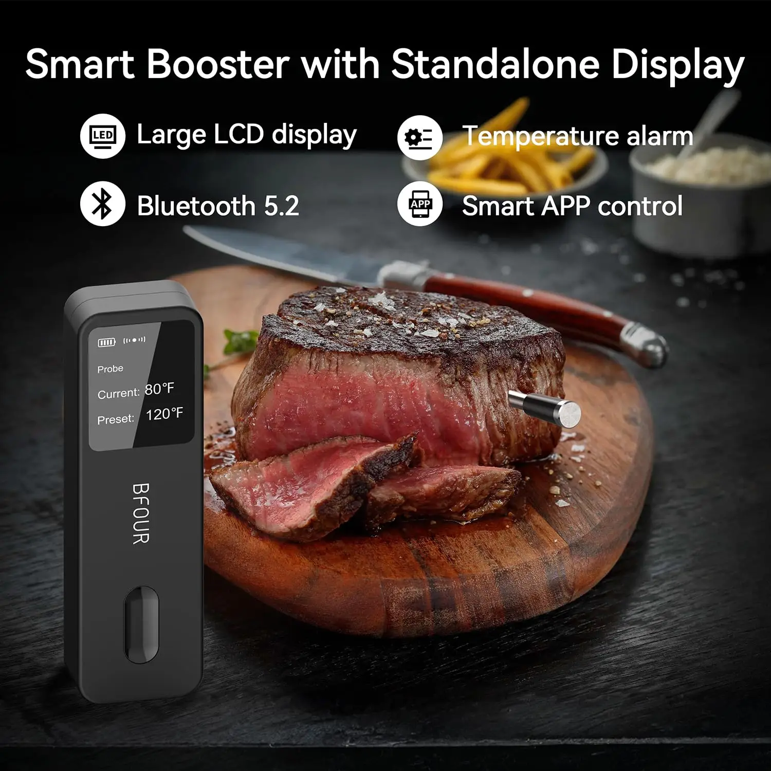 Digital Wireless Meat Thermometer with LCD, Bluetooth App Control, 524FT Range, Waterproof & 752°F Heat Resistant Probe for