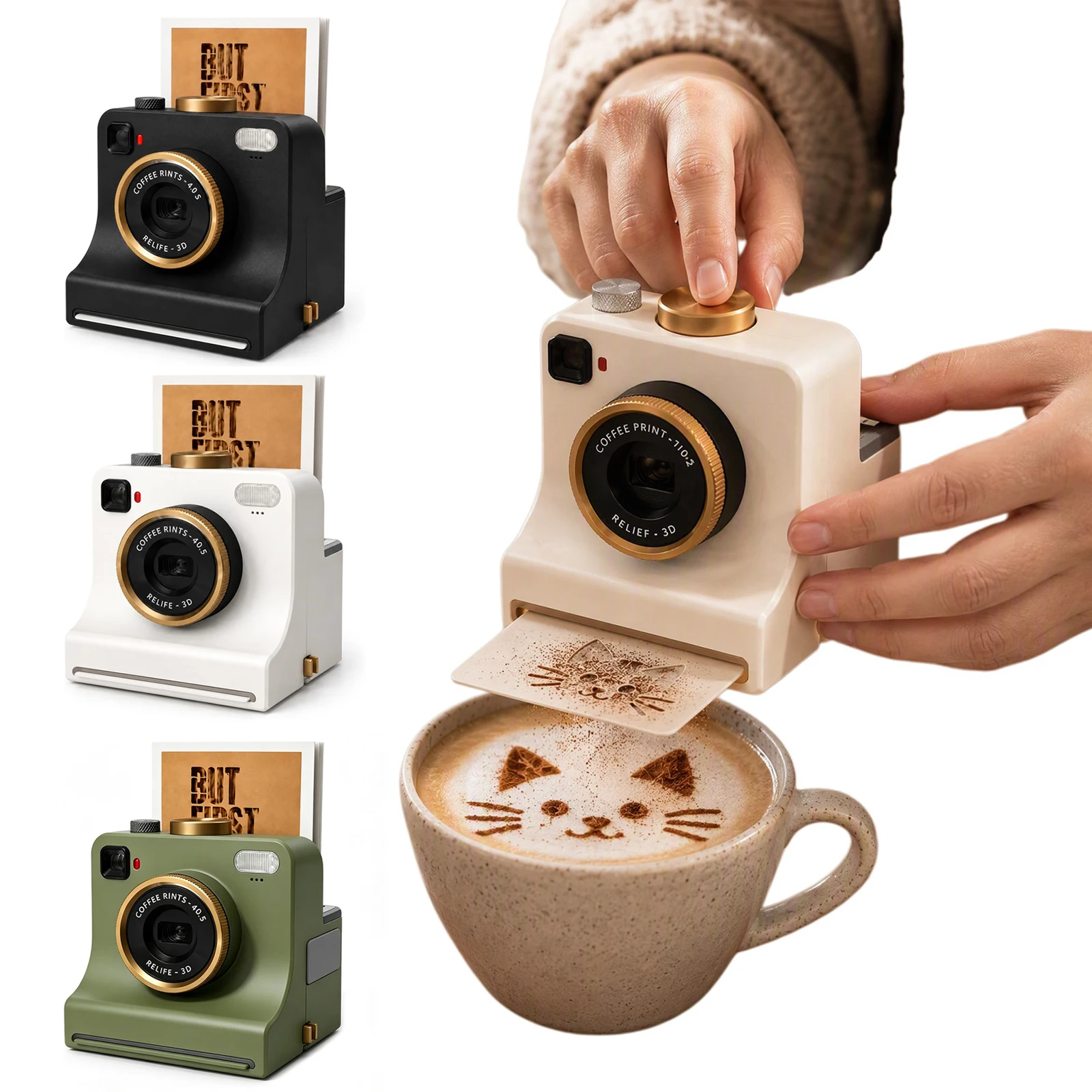 3D Printed Latte Art Camera One‑Touch Coffee Printer with 8 Stencil Cards Miniature Instant Camera Coffee Stencils Latte Art