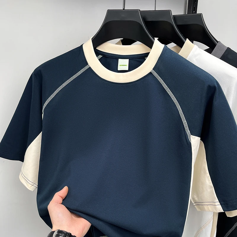 High quality casual and fashionable summer new short sleeved long staple cotton round neck T-shirt with simple splicing top