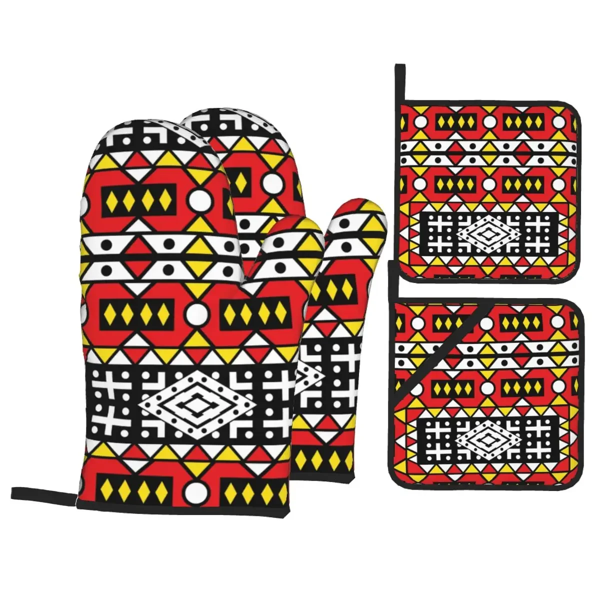 Наборы из 4 термостойких нескользящих кухонных перчаток для барбекю Kizomba Samakaka Ankara с принтом для приготовления пищи, выпечки