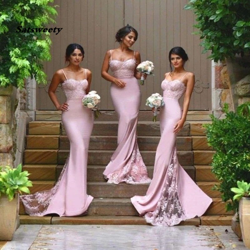 Sexy Bridesmaid Dresses Spaghetti Strap Vestido De Festa De Casamento Sheer Lace Applique Blush Peach Long Bridesmaid Dresses