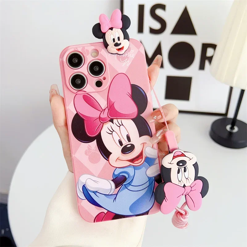 Mickey Mouse Minnie Doll lanyard Couple Anime Phone Case For iPhone 15 14 13 12 11 Pro Max Xr 8 14 Plus Case Cute cartoon Cover