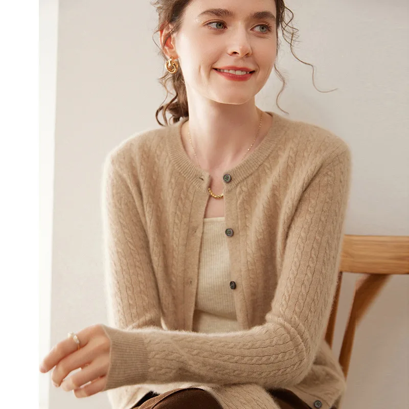 

Women's 100% Cashmere Cardigan Cable Knit Round Neck Sweater Pure Goat Wool Open Front Jacket​