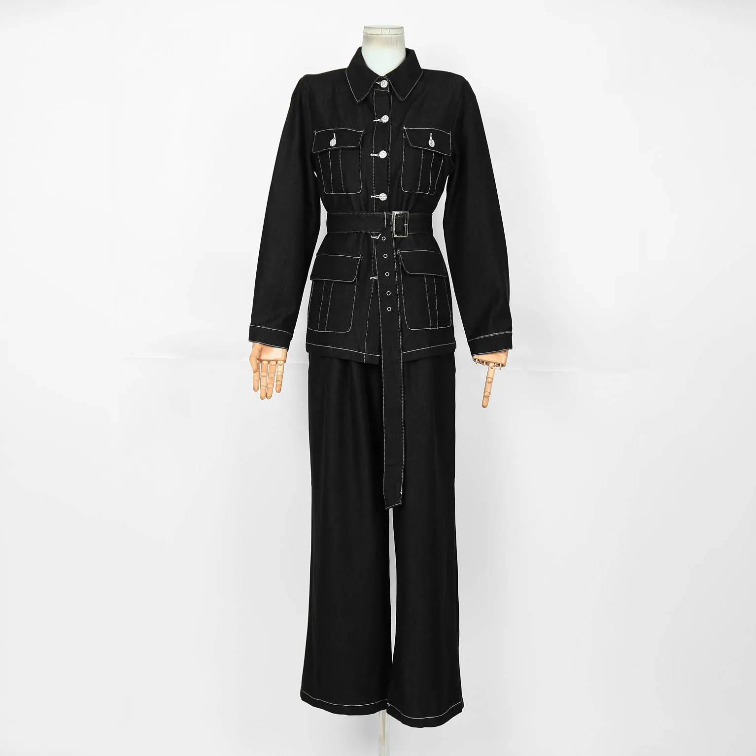 

Женский модный джинсовый костюм, весна 2025, черная куртка-карго и широкие брюки, комплект с поясом, винтажный офисный женский повседневный комплект из двух предметов