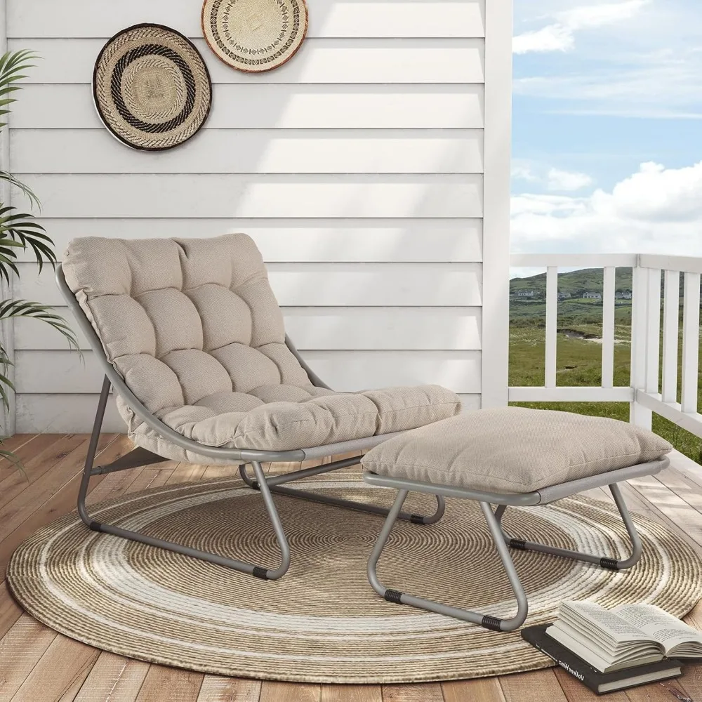 Outdoor Lounge Chair with Foot Stool, Comfy Sling Recliner Chair with Puffy Cushion and Foot Rest, Modern Patio Furniture Set