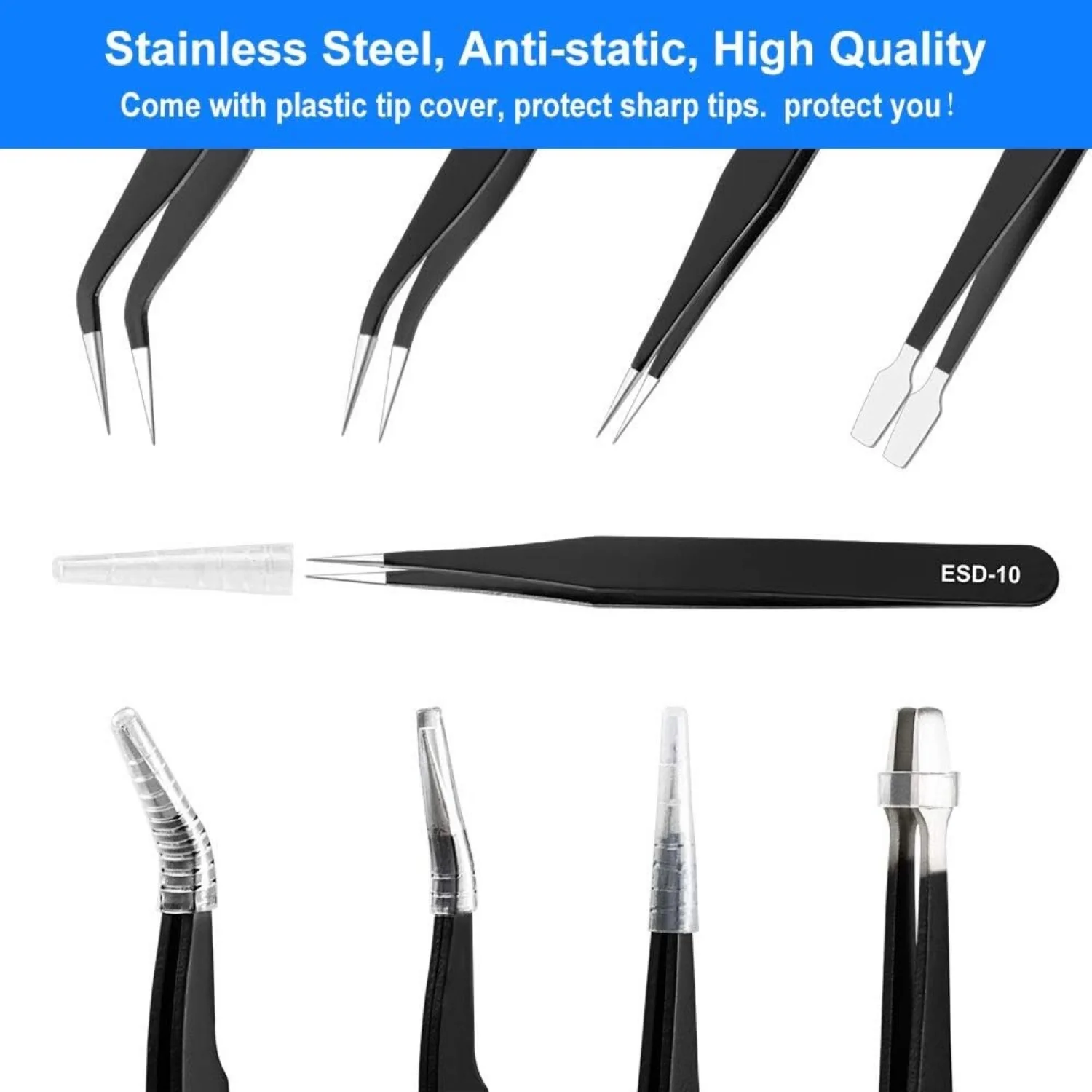 Anti-Static Stainless Steel Tweezers Set, Precision Industrial Tweezers for Electronics Repair, Model Making & Home Use