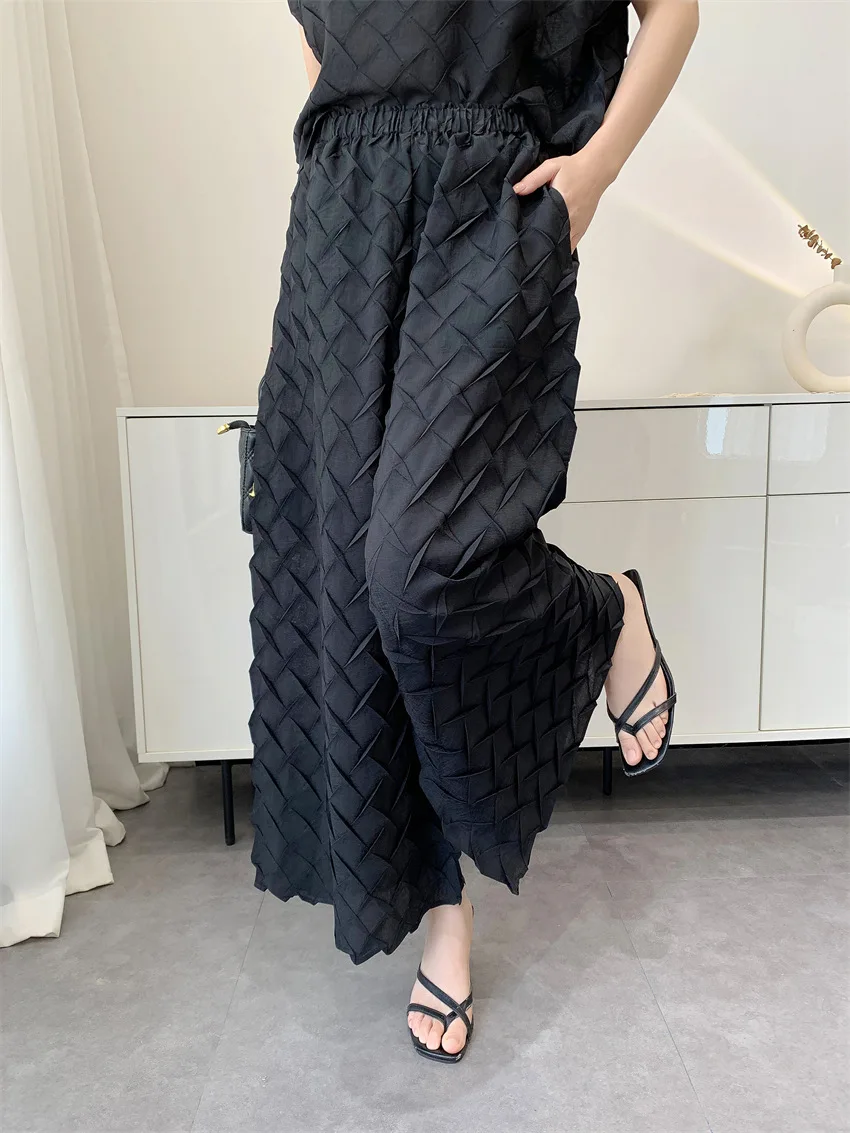 Miyake Pleated Women's Casual Solid Color Loose Large Size Elastic Waist Wide Leg Pants