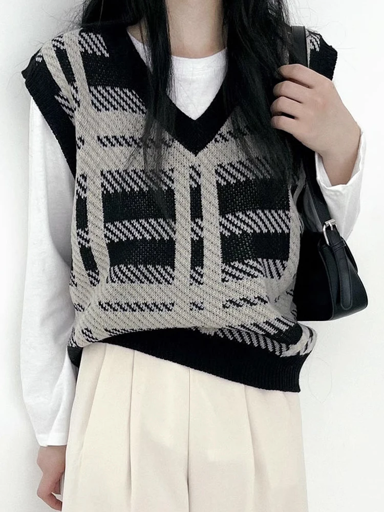 

Chic Loose Casual Knitted Vest Women's Autumn Winter Vintage V-ne College Sle Sweater Outerwear oulder Top