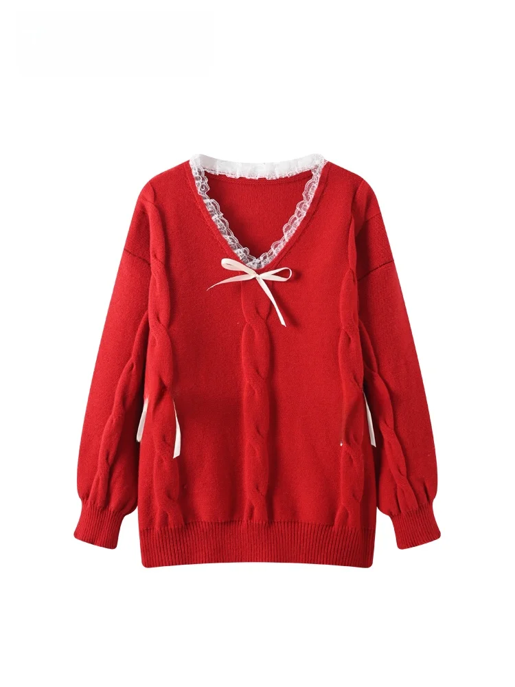 

Large Size Lace V-Ne Sweater for Women Knot Red Top Lazy Sle Autumn Winter New Arrival French Sle Knitted Cotton