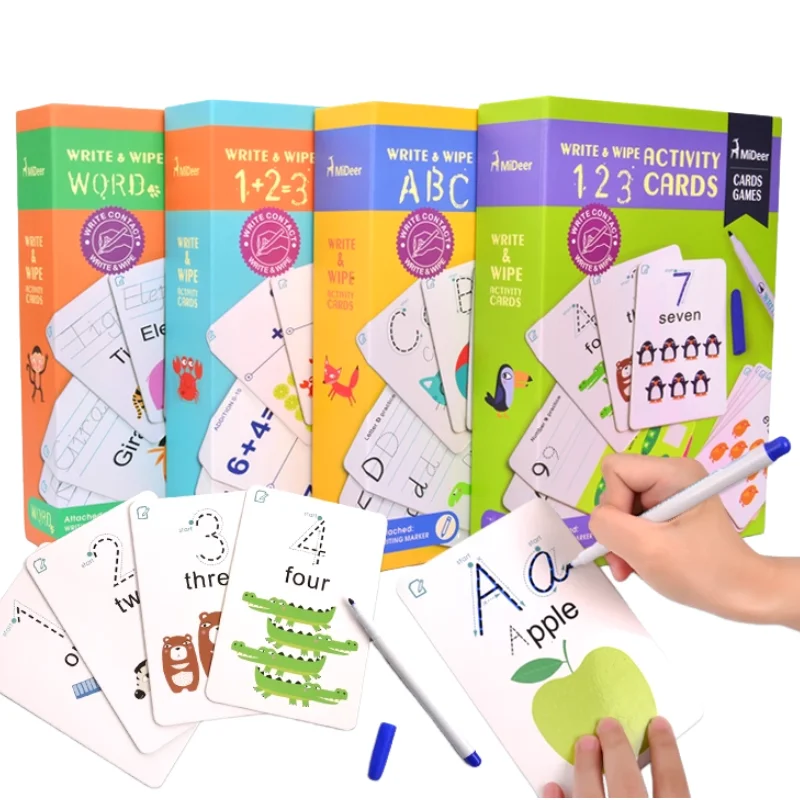 Animali Flashcard scritte a mano Alfanumerici Cancellati ripetutamente Impara i giocattoli per bambini Carta da disegno Educazione Addizione Sottrazione Gioco