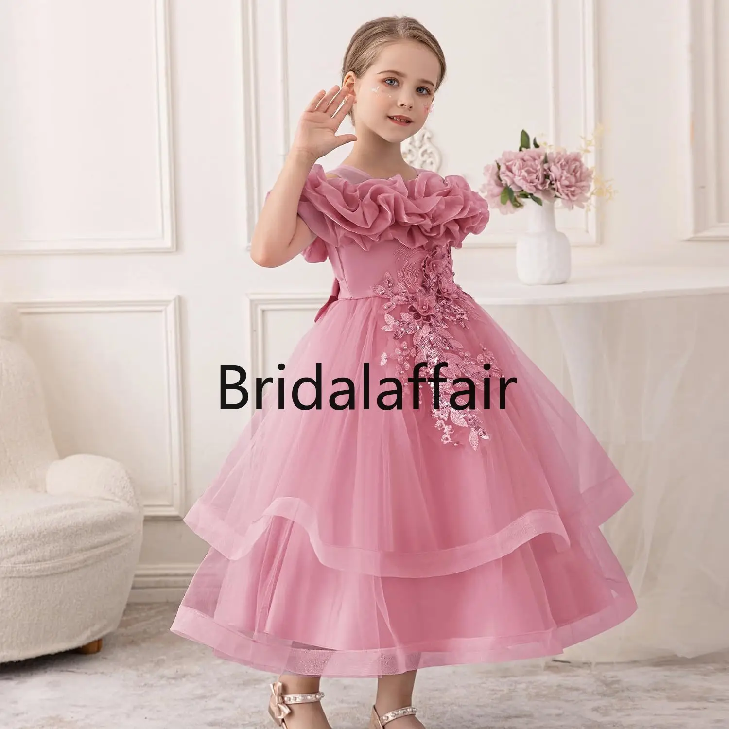 Girls' Special Occasion Dresses with Cloud Shoulder Design Mid-Length Easter Dress for Girls