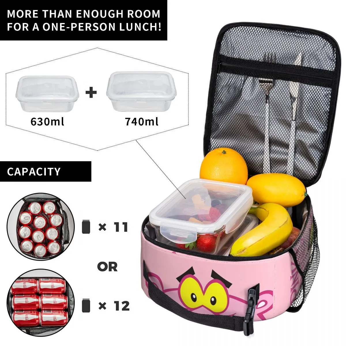 Pink Panther Insulated Lunch Bag Portable Meal Container Thermal Bag Tote Lunch Box Work Outdoor Girl Boy