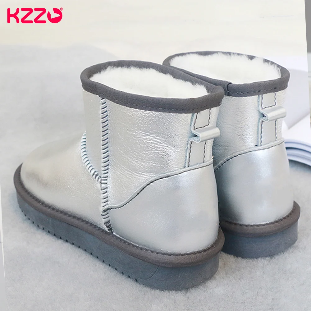 KZZO Women\'s Classic Sheepskin Leather Waterproof Snow Boots Natural Sheep Fur Lined Casual Ankle Winter Warm Shoes Silver