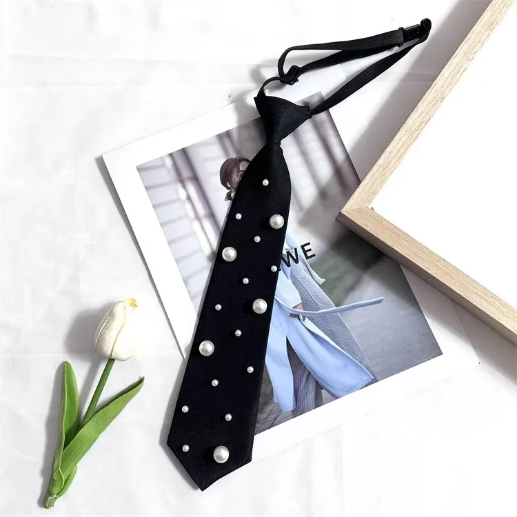 Женские модные черные галстуки с жемчугом и бисером для рубашек, корейский модный перфорированный галстук для девочек TB185