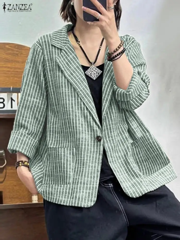 2025 ZANZEA Giacca Sportiva Autunno da Donna Abiti Vintage Risvolto Collo Cappotto a Righe Giacche Manica Lunga Top Casual Button Down Sottile Outwear
