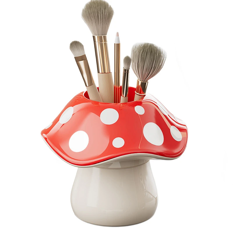 Eco-Friendly Cute Mushroom Pen Holder, Large-Capacity Desktop Pen Holder and Makeup Brush Organizer, Beautiful Red Desk Storage Box, School Supplies and Art Tools