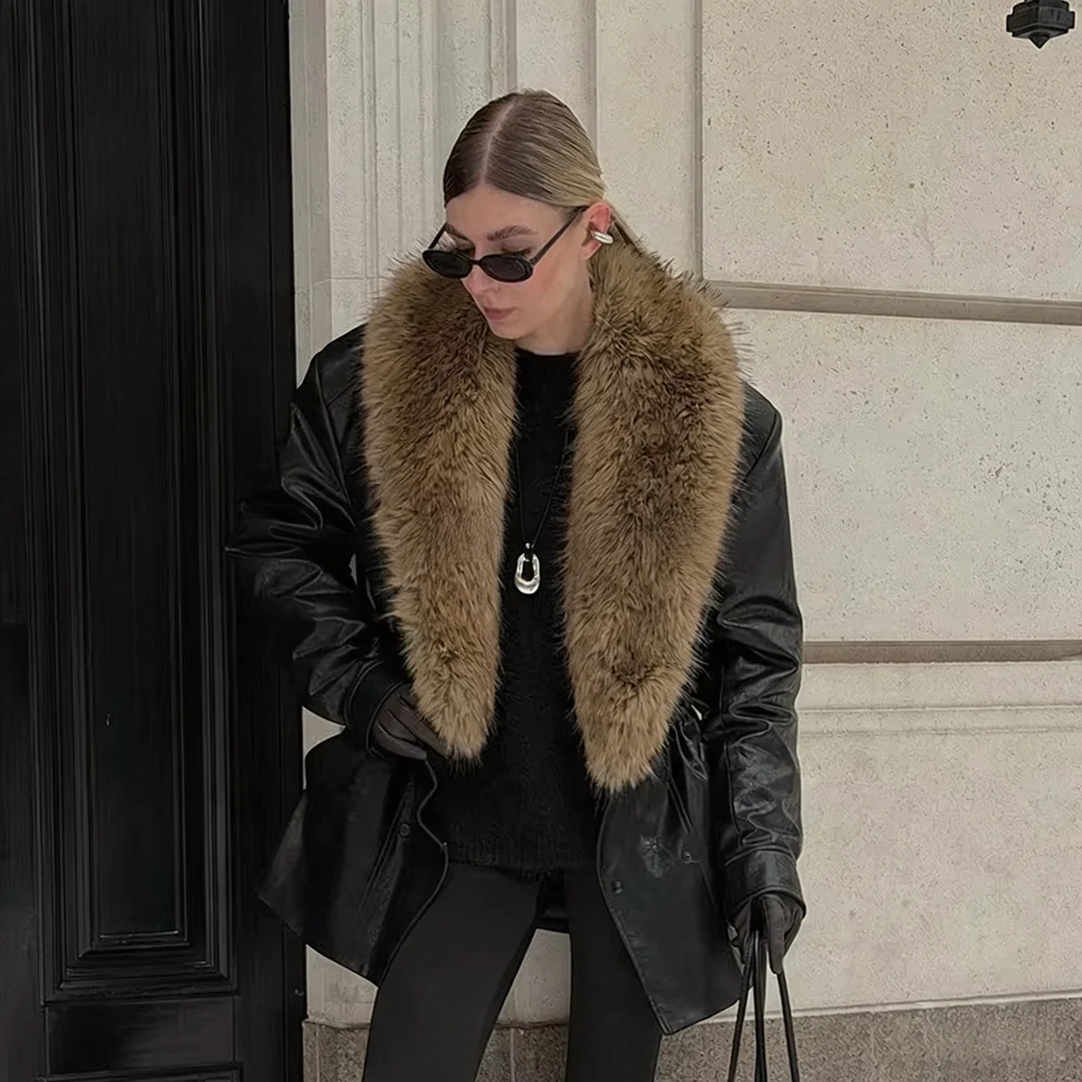 Chic Women Black PU Coat with Detachable Fluffy Fur Collar Drop Shoulder Elastic Waist Winter Outerwear
