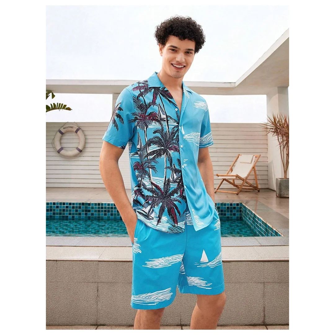 Men's Shirt Set Summer Striped Printed Short Sleeve Shirt Drawstring Shorts Casual Hawaiian Style Men's 2 Piece Home Large Size