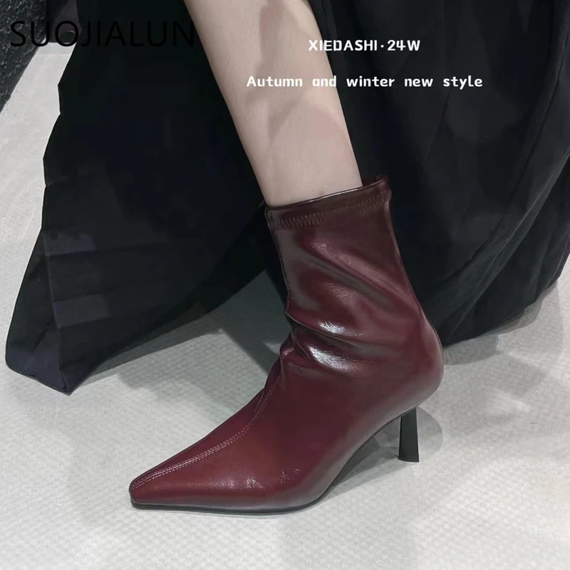 SUOJIALUN 2024 Autumn Women Ankle Boots Fashion Pointed Toe Ladies Eelgant Short Boots Thin High Heel Outdoor Dress Pumps Shoes