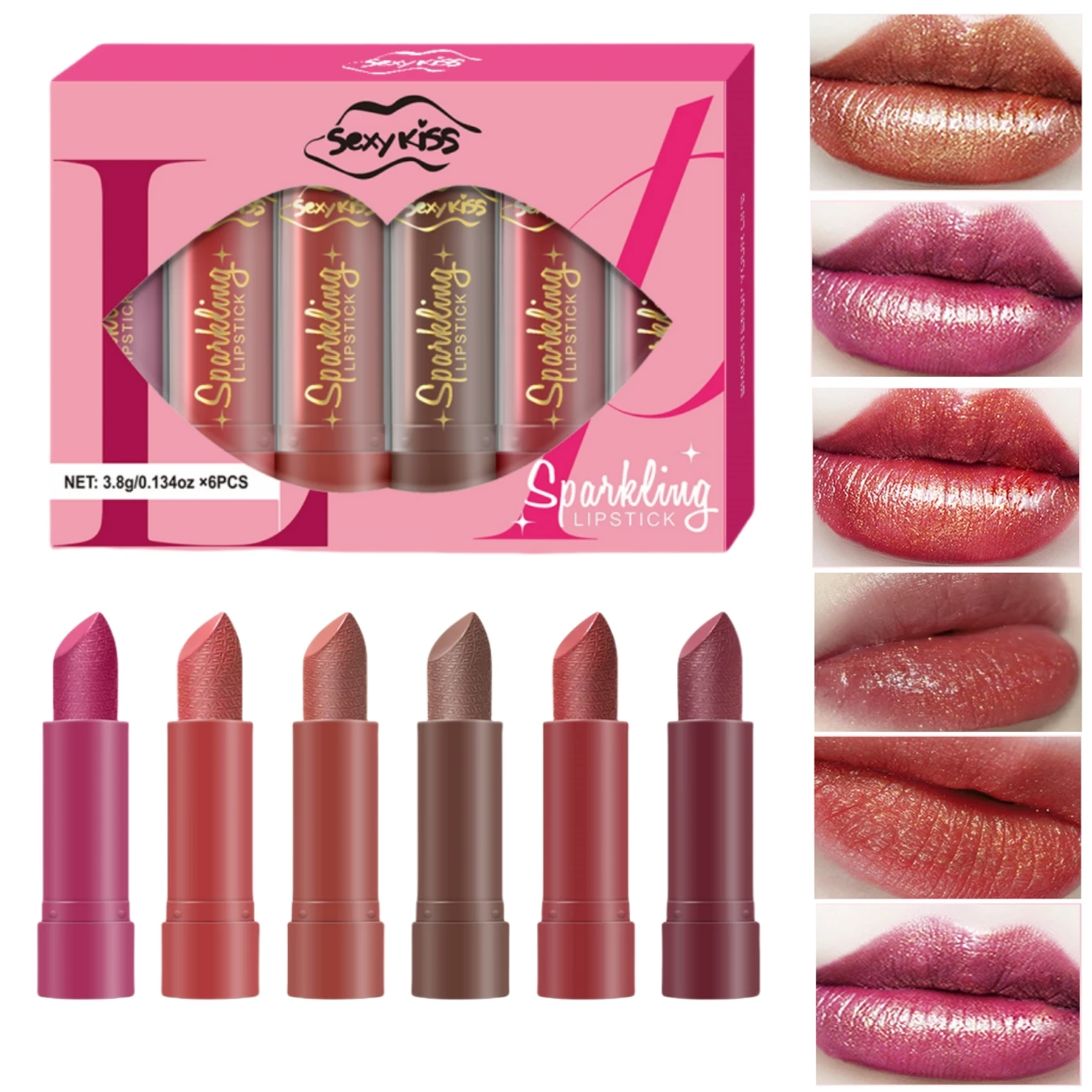 Conjunto de batom com glitter de 6 cores, acabamento pérola glitter, brilho labial durável, presente de dia dos namorados para mulheres