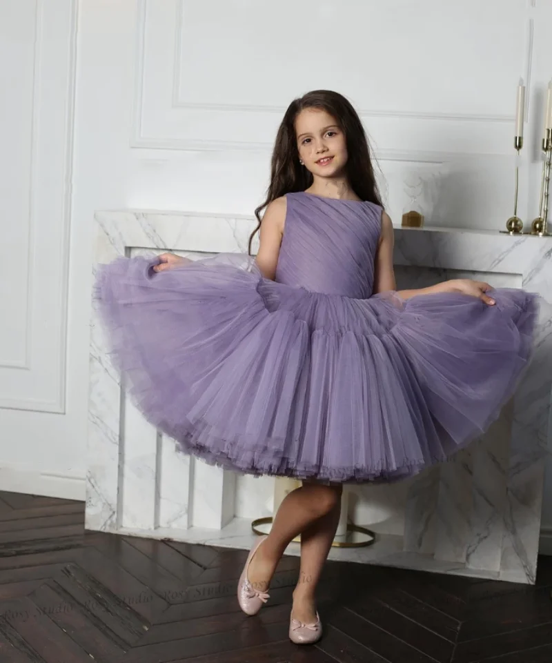 Fashion Lavender Girls Dress O-Neck Tutu Outfit Baby Girl Birthday Party Dresses Tulle Short Dance Dress Robe de Bal