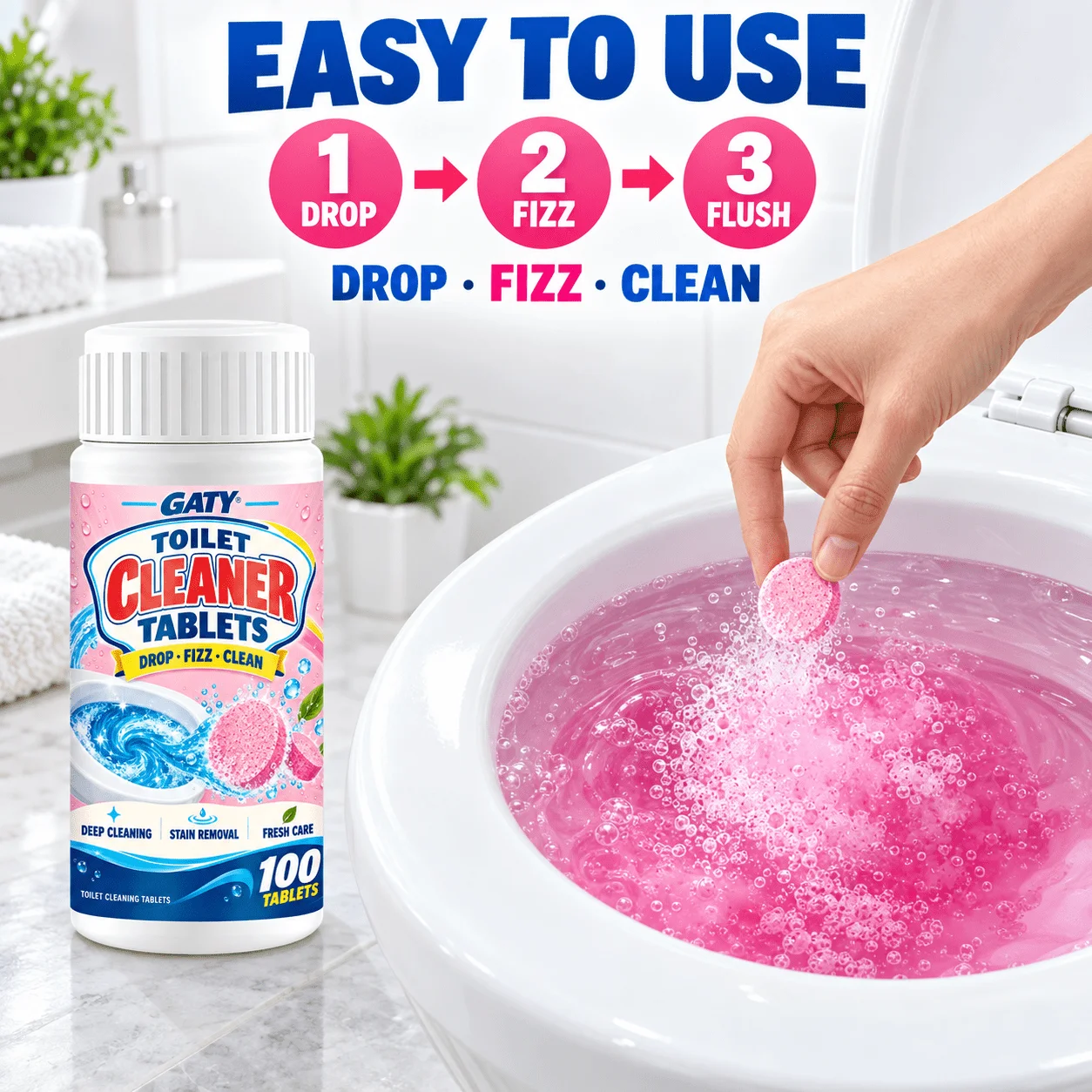 Toilettenreiniger in Form von Brausetabletten – sofort wirksam; löst Urinflecken und Kalkablagerungen; reinigt und neutralisiert Gerüche; für Toilettenbecken, Rand und Abfluss. – Detail 5