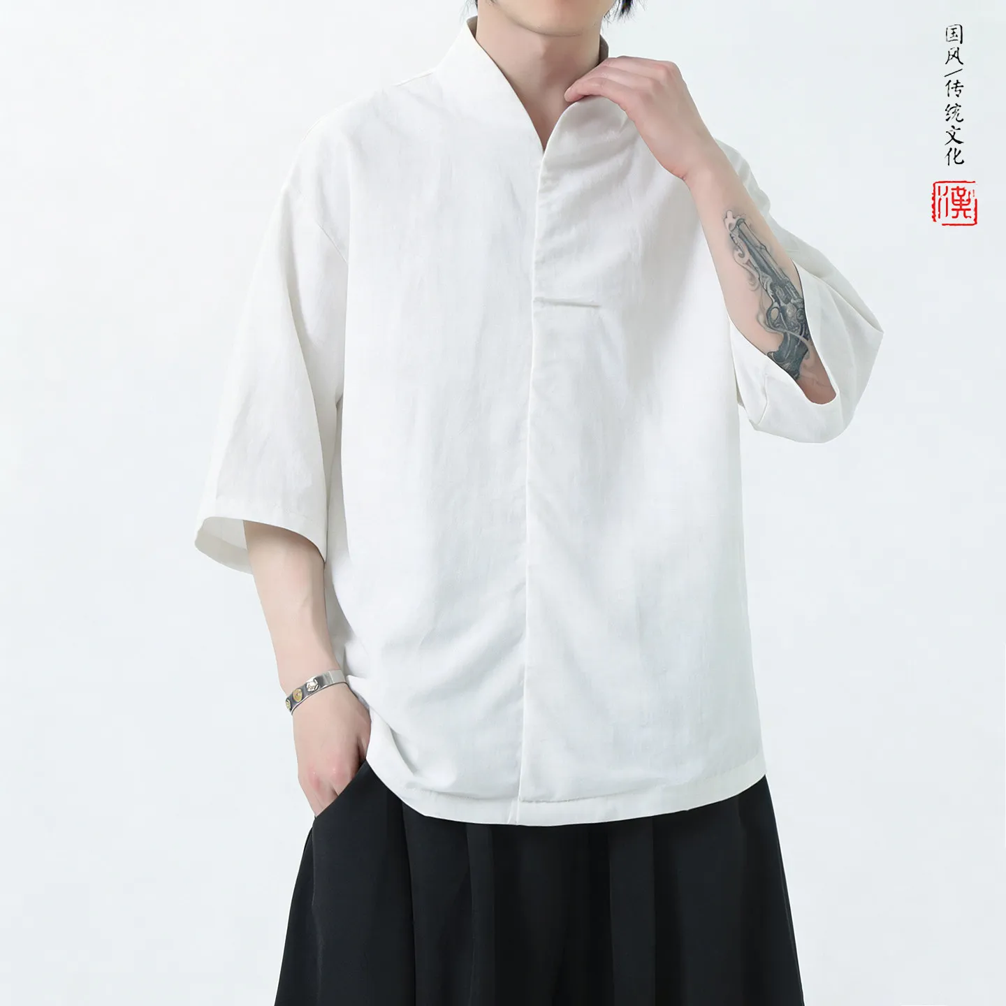Men New Chinese Style Short Sleeve Shirt Traditional V Neck Hanfu Shirt Man Lightweight Breathable Casual Top Summer Daily Wear