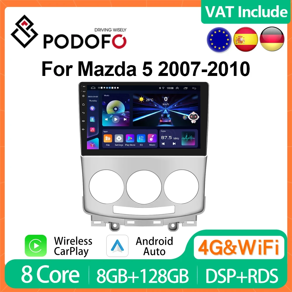 Podofo 4G CarPlay Android Radio For Mazda 5 2007-2010 Car Multimedia Player 2din Head Unit GPS Stereo AI Voice AutoRadio HiFi BT