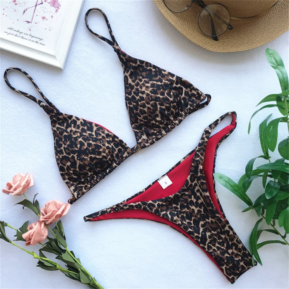 Sexy String Bikini Leopard Print Back Hook Push Up Swimsuit Women Two Piece Swimwear Triangle Thong Brazilian Beach Bathing Suit