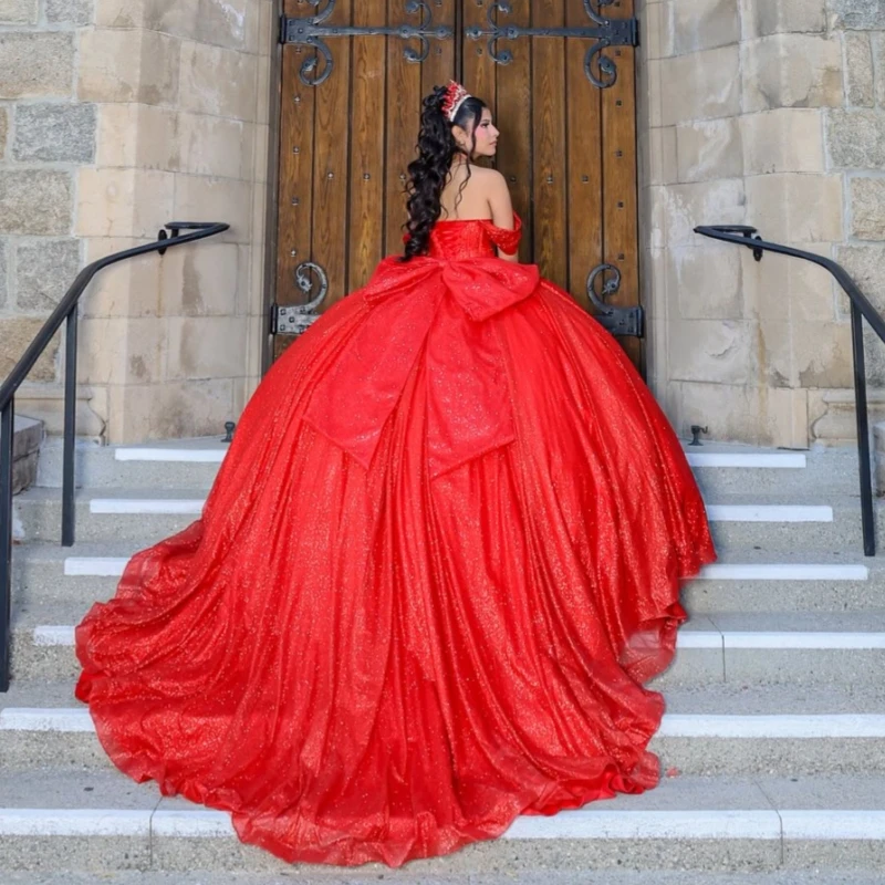 Rote glänzende Quinceanera-Kleider, Ballkleid, schulterfrei, Perlen, Schleife, Tüll, Korsett, süßes 16-Kleid, Vestidos 15 De Anos