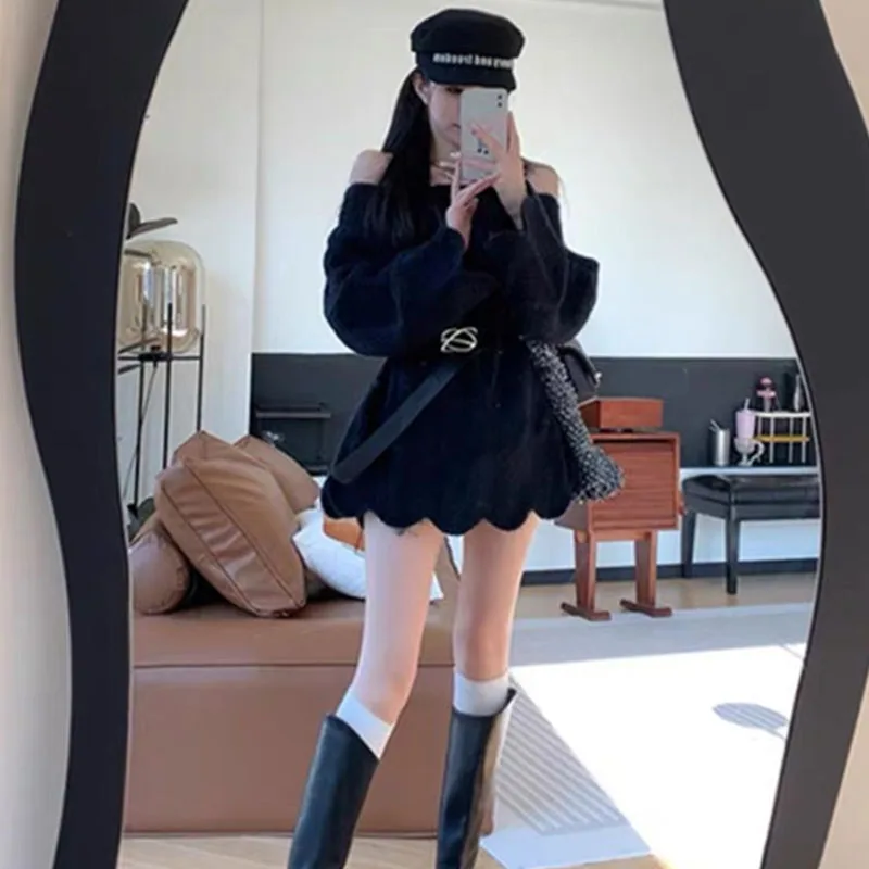 

Модная и сексуальная трикотажная блузка неправильной формы с цветочным узором, милый свободный пуловер с открытыми плечами, длинный свитер