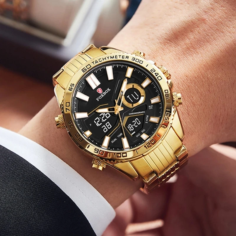 2024 FOXBOX ساعات رقمية رياضية للرجال قوية مضيئة عرض مزدوج مقاوم للماء كوارتز ساعة اليد العسكرية Relogio Masculino