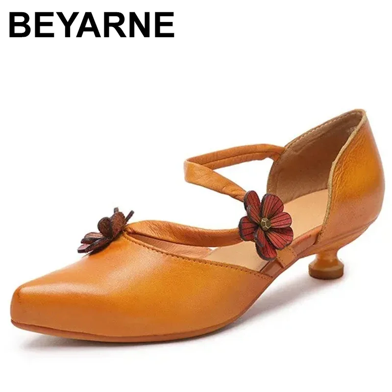 

Summer New Low Heel Pointed Toe Women Shoes Genuine Leather Vintage Flower Sandals Elegant Comfortable Pumps