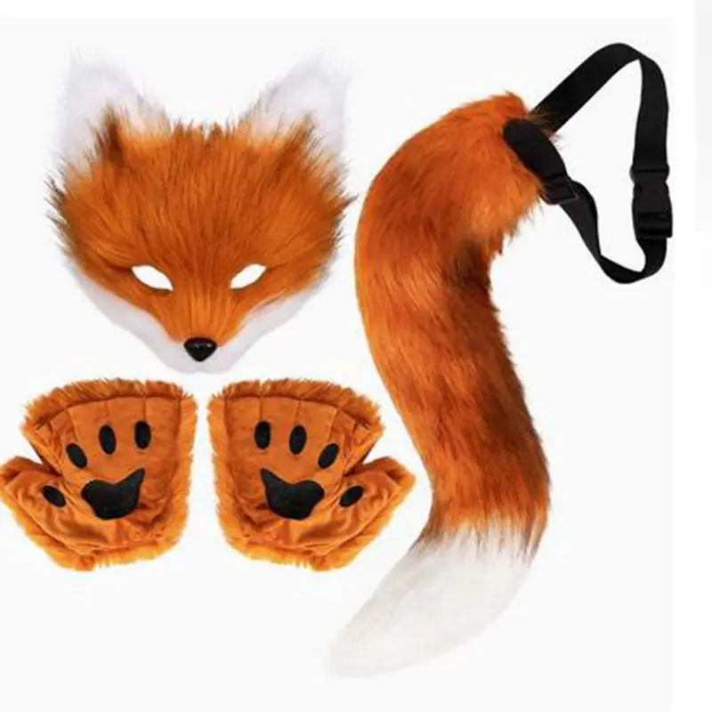 Fuzzy Fox Facewear and Tail Gloves Set for Women Halloween Accessories