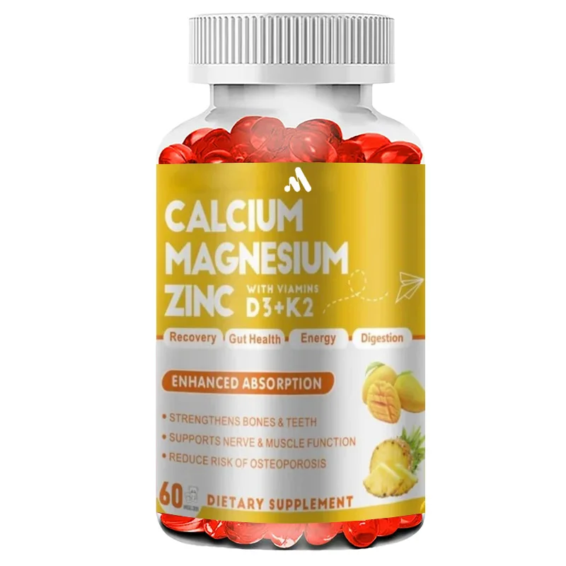 Gomitas de Calcio, Magnesio y Zinc con Vitamina D3 y K2, para el Apoyo Óseo y Inmunológico, 60 Gomitas de Mango