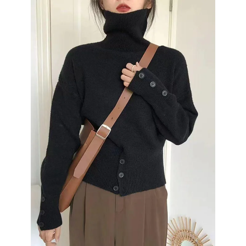 

Однотонный свитер с высоким воротником на пуговицах, осенне-зимний пуловер в корейском стиле в стиле ретро