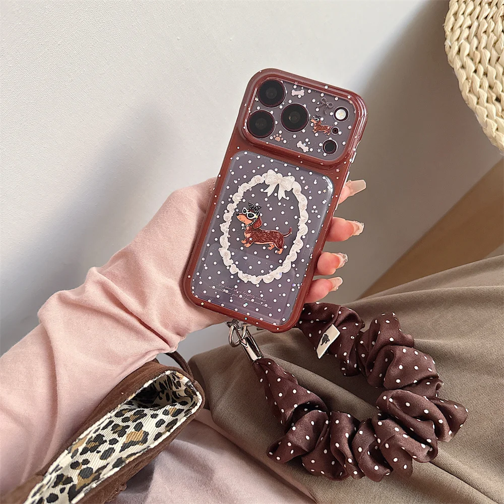 Korea Ins Fashion Dots Dachshund Phone Case For iPhone 18 Pro 15 16 17 Pro Max Cover Shockproof Soft Cute Cases 18pro with Chain