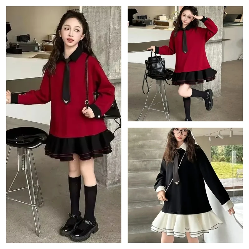 

hot Kawaii Girl Fashion Tops Dress Student Spring Autumn Casual Long Sleeves Base Layer Pullover Puff Skirt Children's Clothing