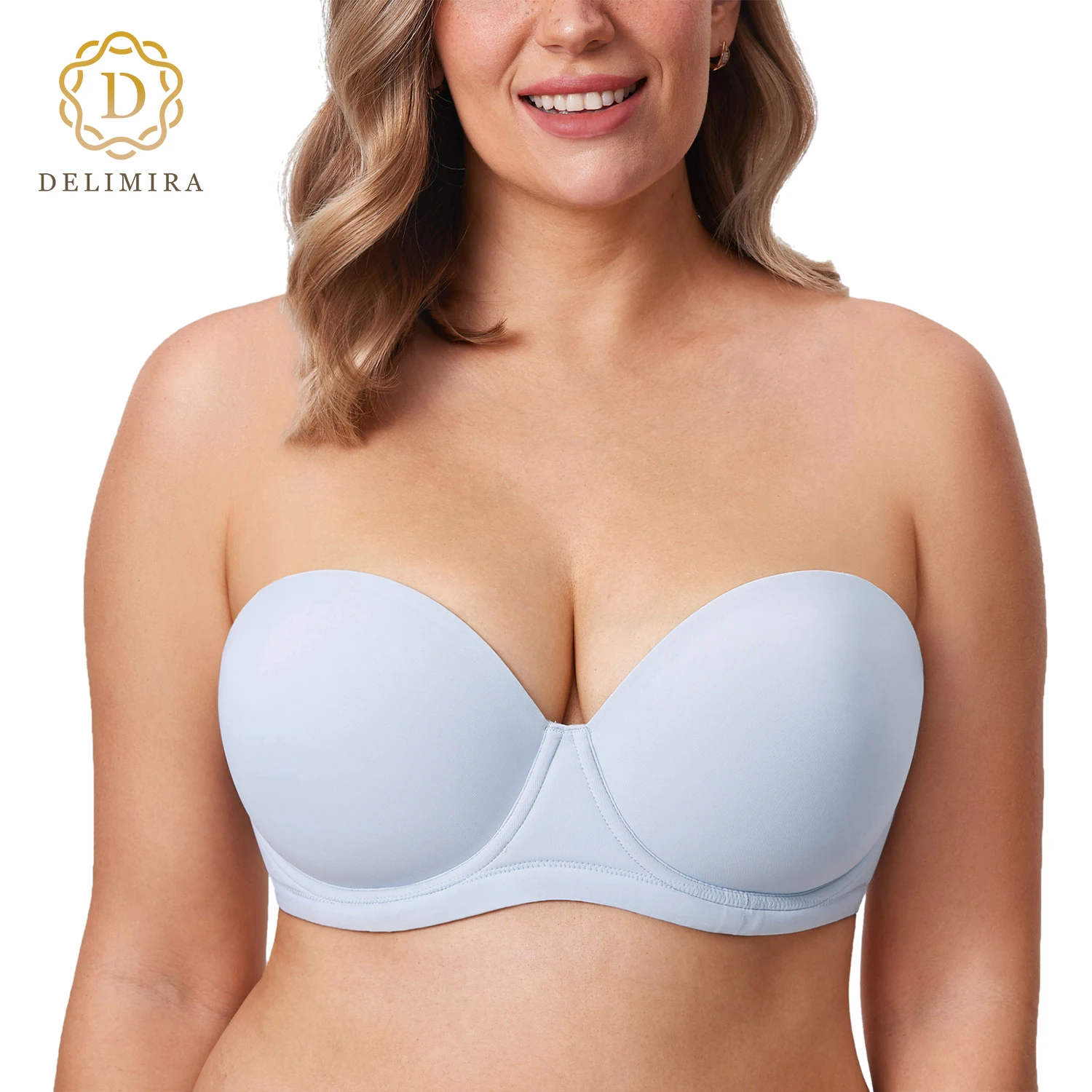 Delimira Women's Strapless Bra Silicone Invisible Plus Size Multiway Full Coverage Push Up Underwire Contour Padded DD E F