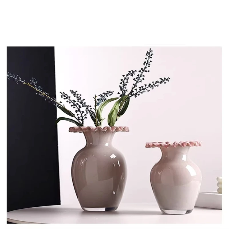 

Vase medieval curled edge light pink flower glass vase high-end ornament