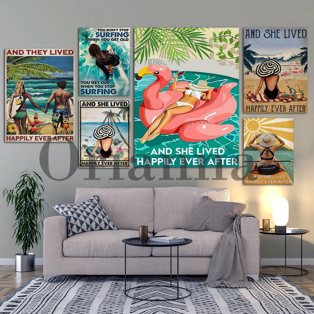 Vintage Girl Lived Happily Surfing Print Yoga Girl Surfing Poster Kayaking Girl On Beach With Flamingo Wall Art Home Decor Gift