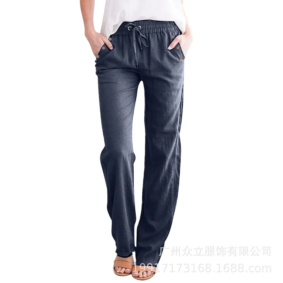 

Spodnie Damskie Spring/Summer Women's Loose Fit Wide Leg Casual Long Pants With Drawstring - Solid Color Versatile Everyday Wear